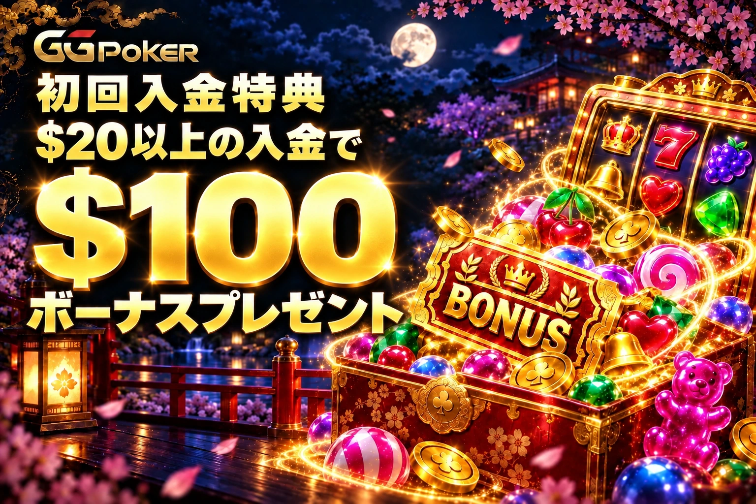 初回入金特典。$20以上の入金で$100ボーナスプレゼント。